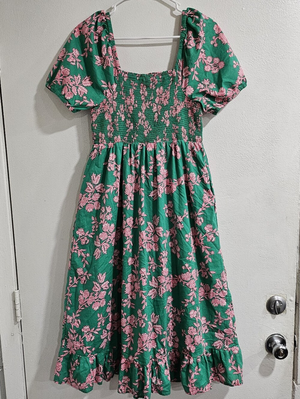 J.Crew Green Pink Floral Smocked Puff Sleeve Cotton Midi Dress Size S - Picture 4 of 10